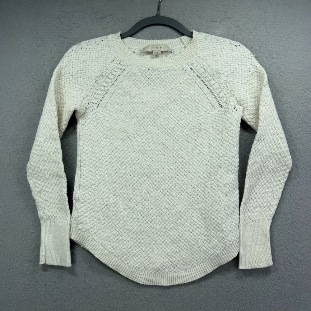 LOFT Sweater Womens S‎ Off White Ivory Knit Textured Pointelle Curved Hem